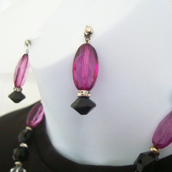 Necklace & Earrings Set Purple-Pink, Clear and Black Beads Diamante Spacers - Picture 7 of 9